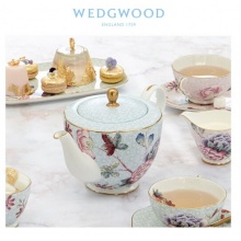 WEDGWOOD玮致活杜鹃蓝色大茶壶咖啡壶带盖1升骨瓷茶壶欧式礼盒